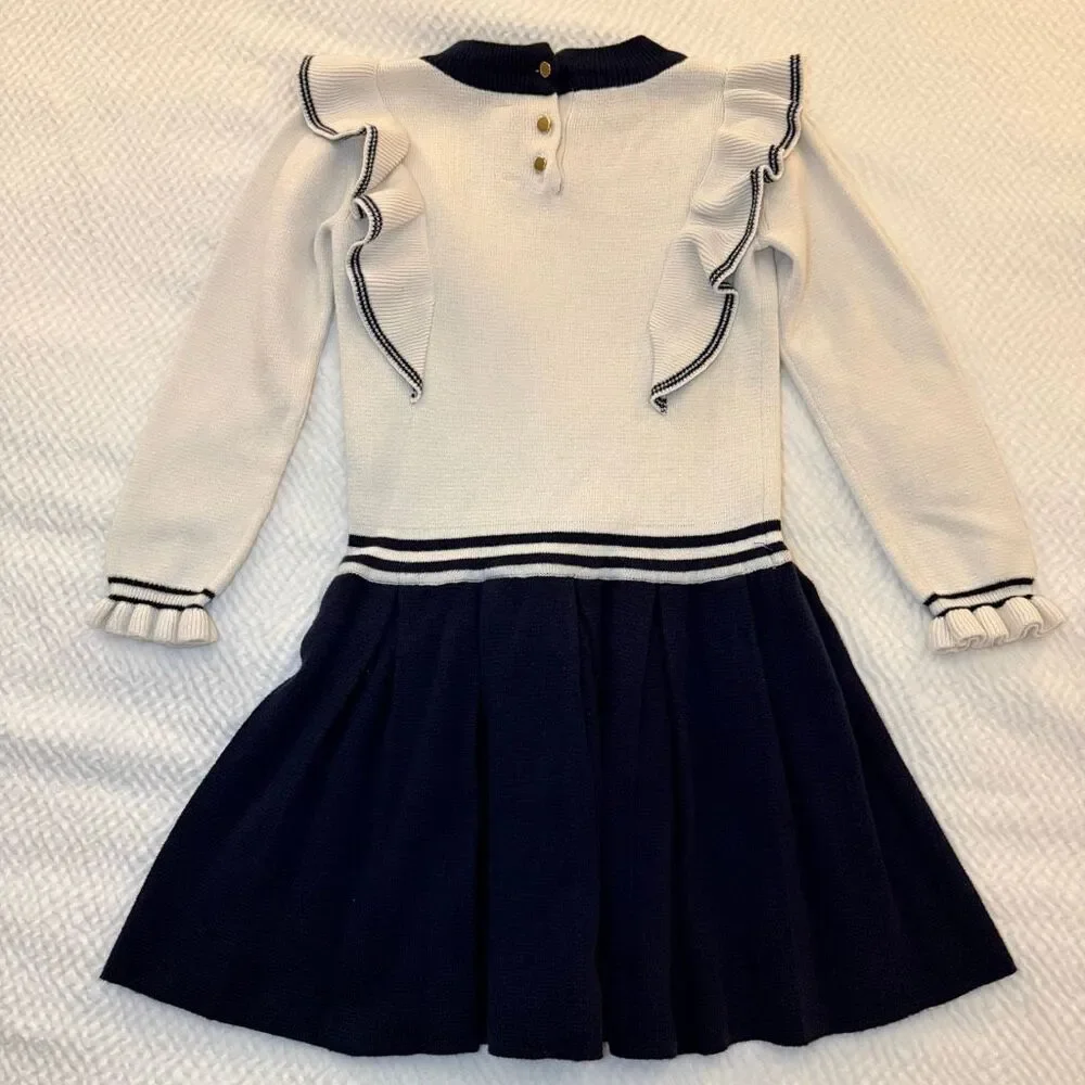Hope & Henry | Ivory Navy Knit Dress | Ruffle Trim and Mock Neck | Girls 5